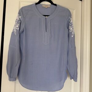 LOFT Light Blue Striped Blouse with White Embroidery